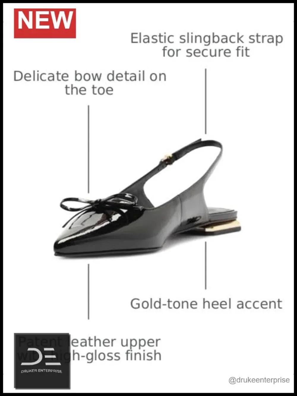 Patent Leather Ballet Flats with Bow Detail, Gold Heel Accent